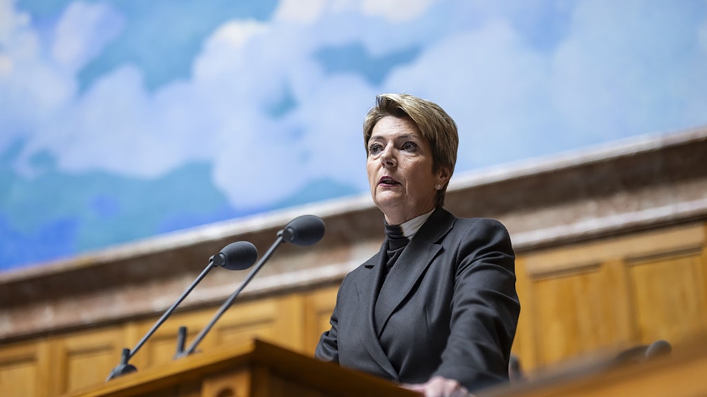 President Karin Keller-Sutter speaks at the spring session of the Federal Assembly