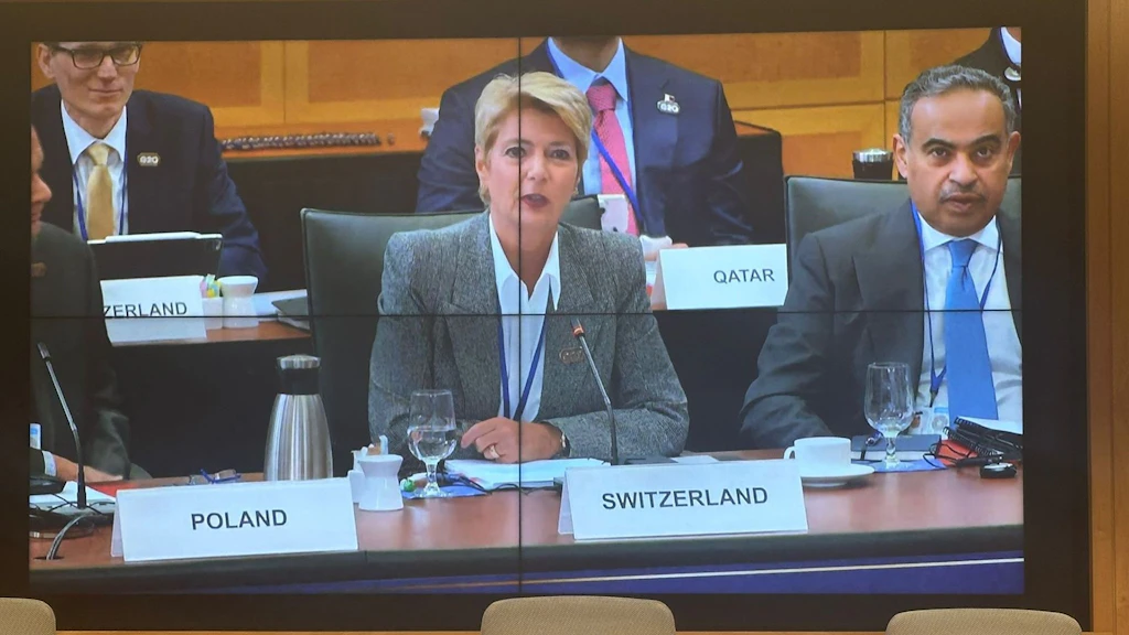 Bundesrätin Karin Keller-Sutter spricht während der IWF-Frühjahrstagung 2026 vor den Finanzministern der G20.