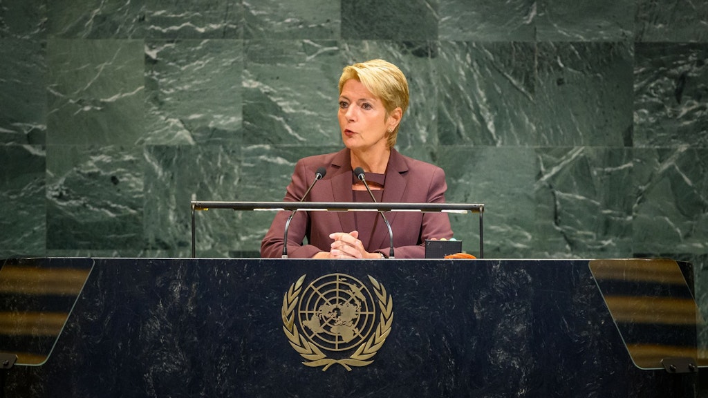 Karin Keller-Sutter, Präsidentin der Schweizerischen Eidgenossenschaft, spricht vor der hochrangigen Sitzung der Generalversammlung zum 30. Jahrestag der Vierten Weltfrauenkonferenz.