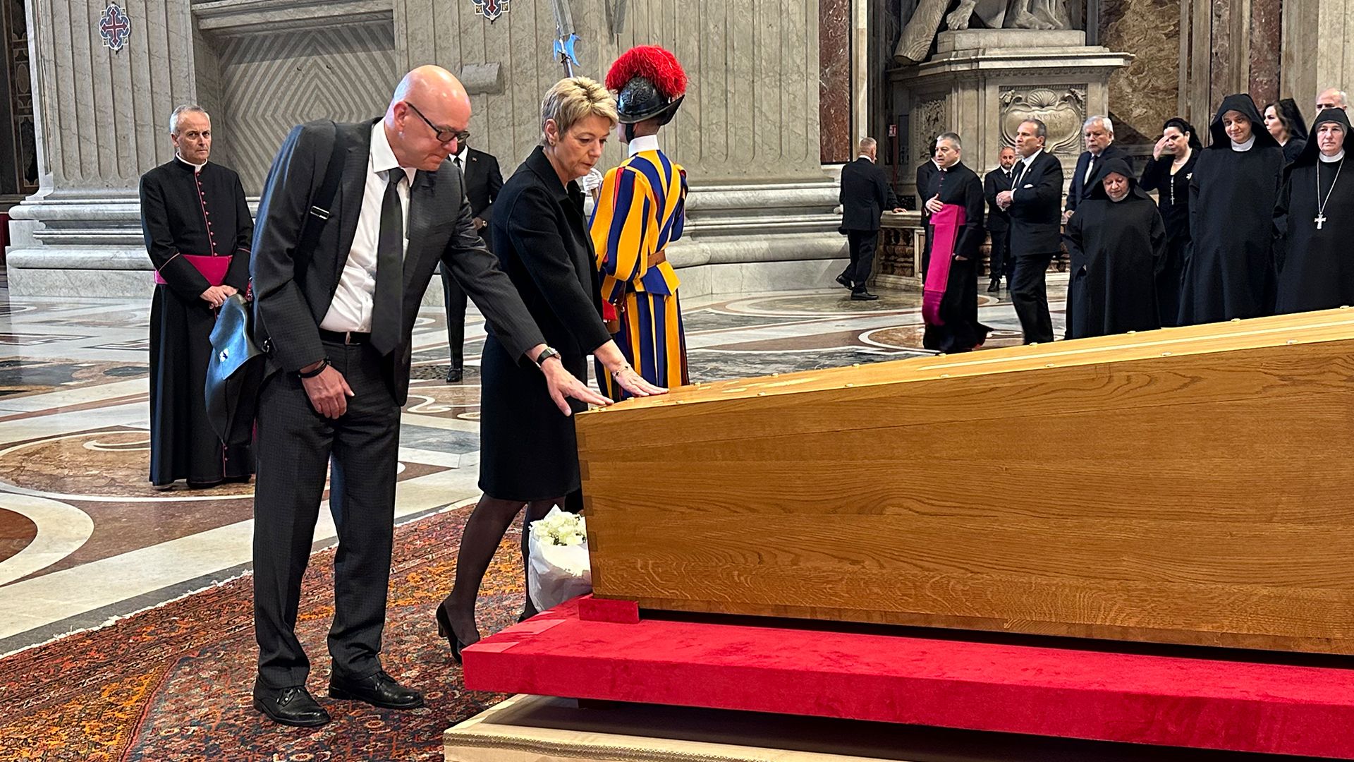 President of the Swiss Confederation Karin Keller-Sutter pays her respects at the coffin of Pope Francis