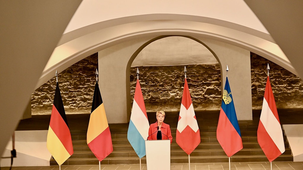 Confederation President Karin Keller-Sutter at a press conference following her meeting with the heads of state of German-speaking countries