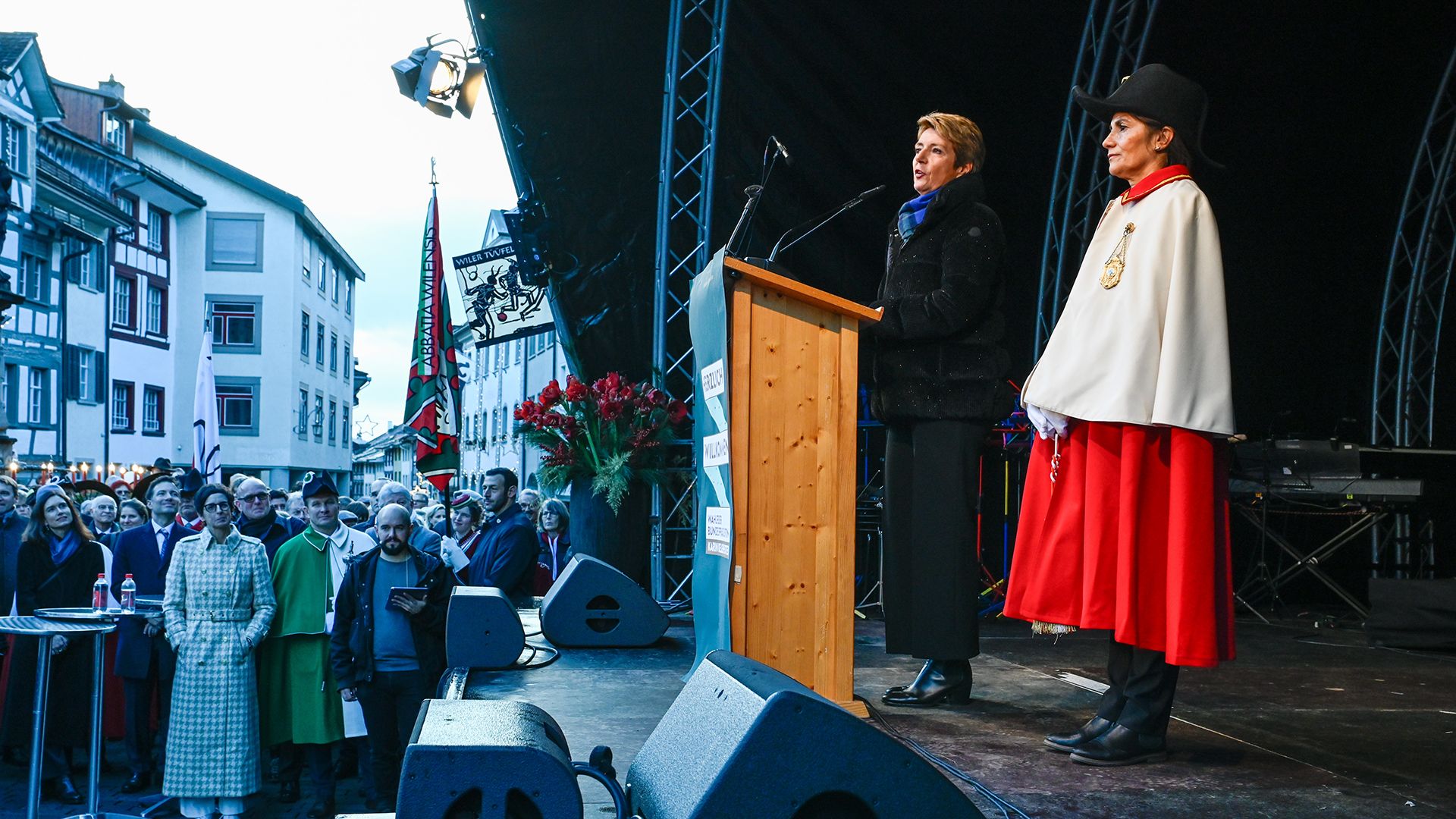 Federal Councillor Karin Keller-Sutter on stage in Wil during her speech at the 2025 presidential election celebrations