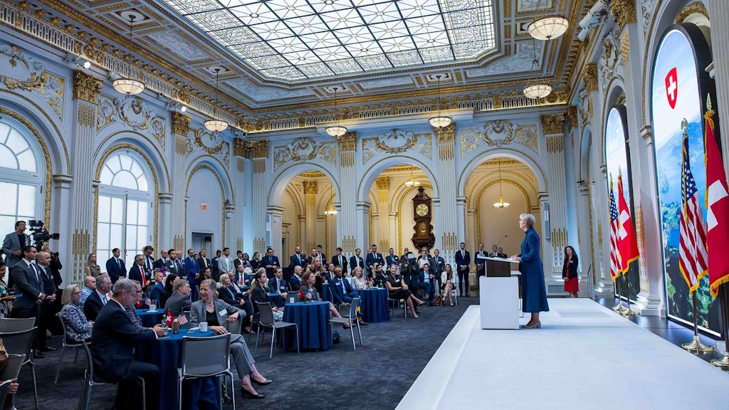 Swiss President Karin Keller-Sutter rings the opening bell at the New York Stock Exchange
