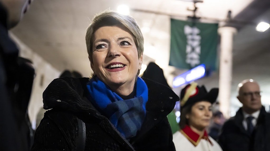 Newly elected Federal President Karin Keller-Sutter before departing on a special train to the election celebration in her home canton of St. Gallen.