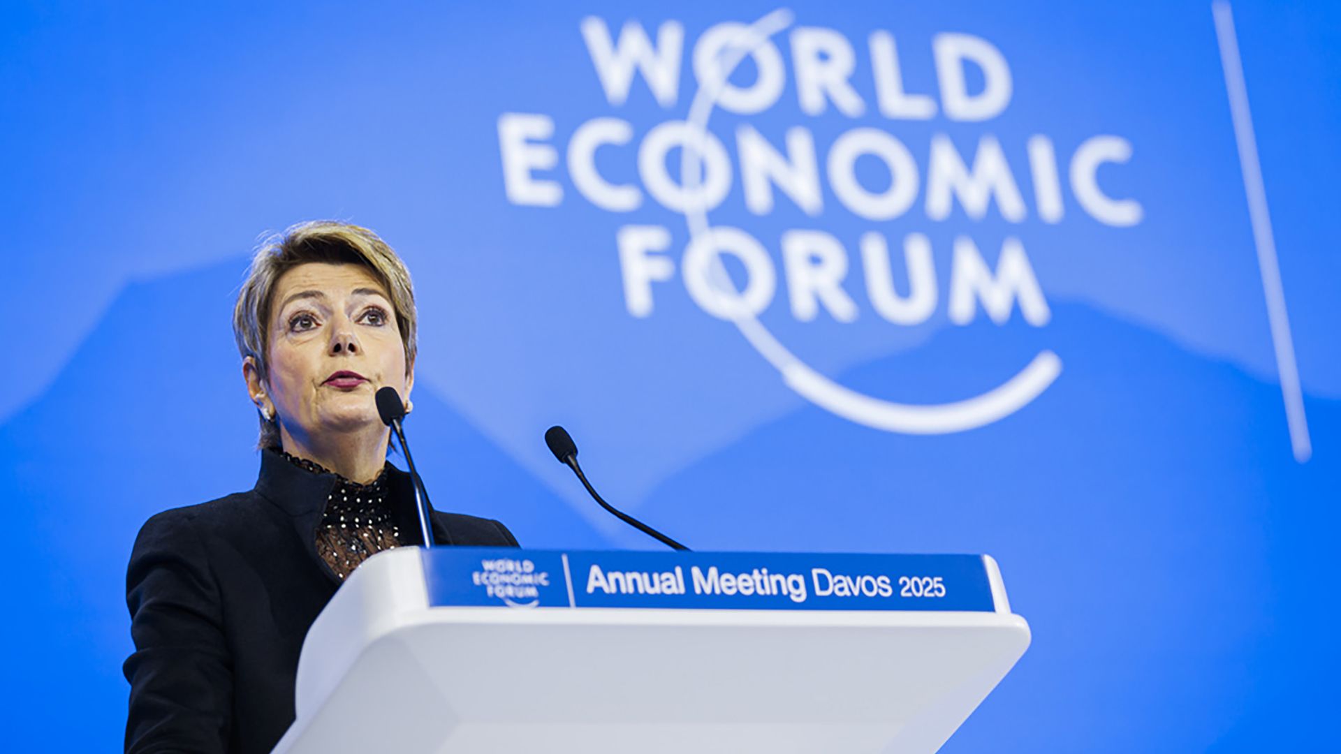 Swiss Federal President Karin Keller-Sutter delivers a speech during the 55th annual meeting of the World Economic Forum, WEF, in Davos