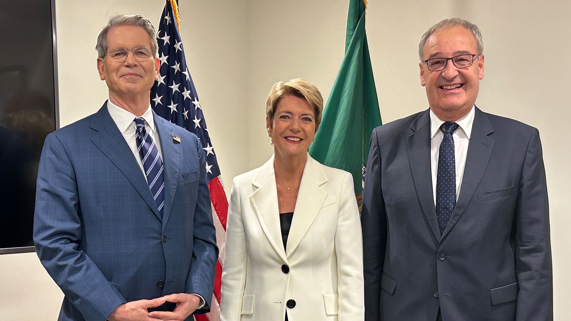 Federal Councillor Karin Keller-Sutter and Federal Councillor Guy Parmelin with Scott Bessent, United States Secretary of the Treasury