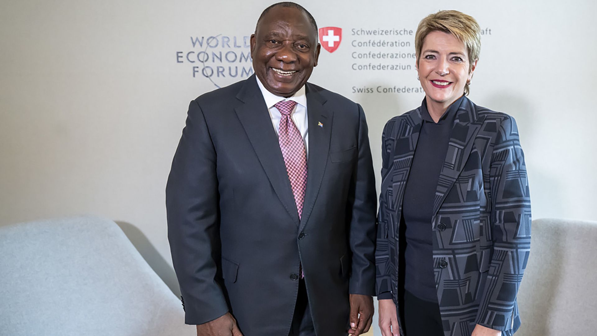 Cyril Ramaphosa, President of South Africa, left, with Swiss Federal President Karin Keller-Sutter, at the World Economic Forum, WEF, in Davos
