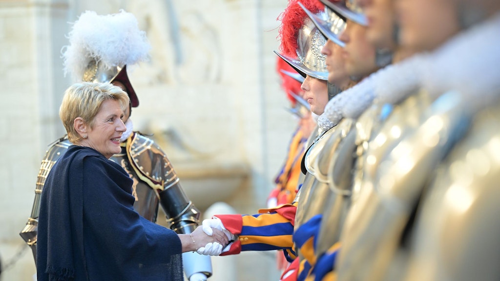 President of the Swiss Confederation Karin Keller-Sutter attends the swearing-in ceremony of the Swiss Guard