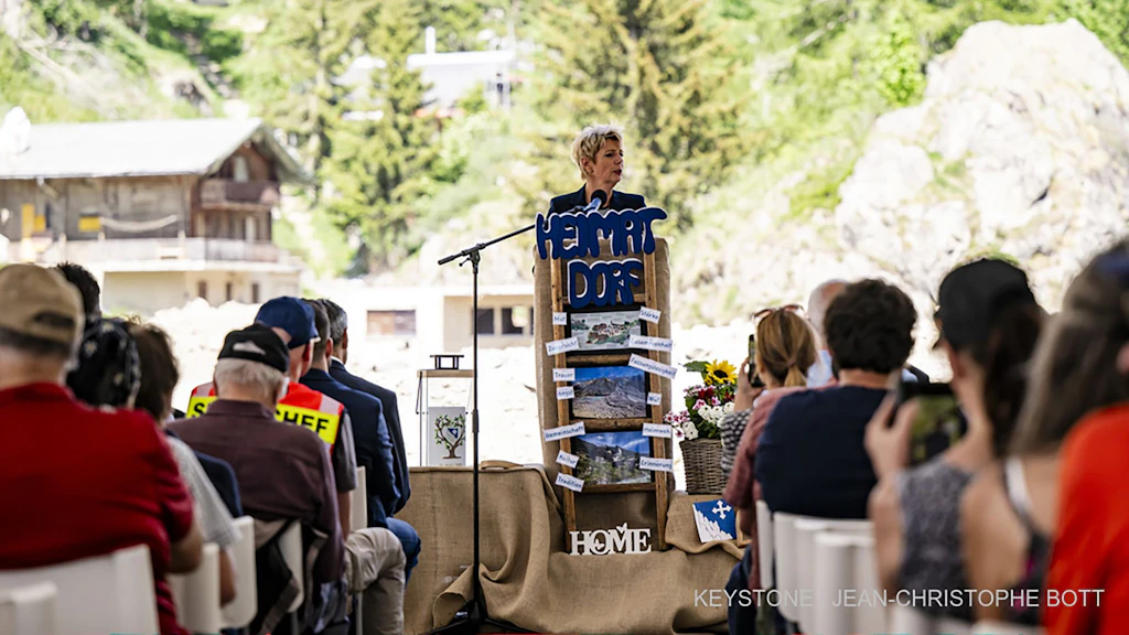 Karin Keller-Sutter, Federal Councilor speaks during a commemorative ceremony, one year after the Blatten landslide.