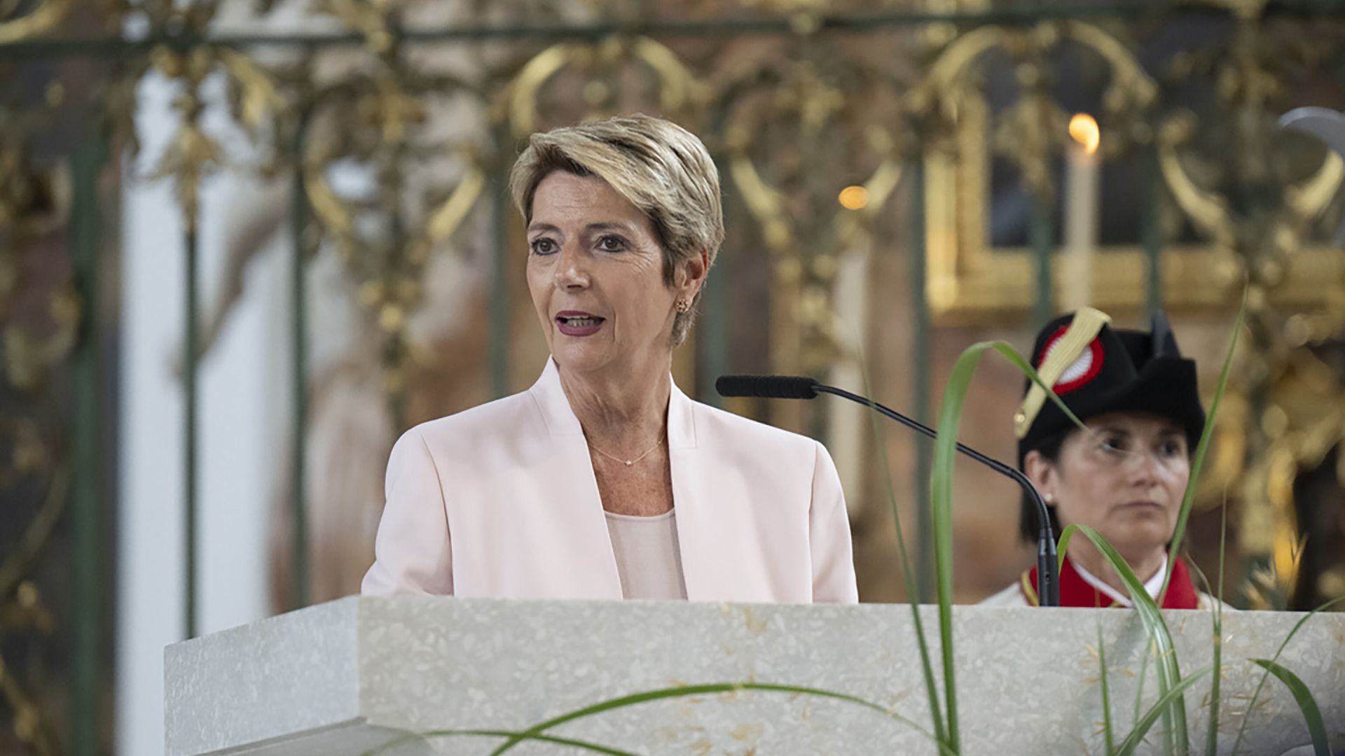 Federal President Karin Keller-Sutter speaks at the consecration of the new Bishop of St. Gallen, Beat Groegli