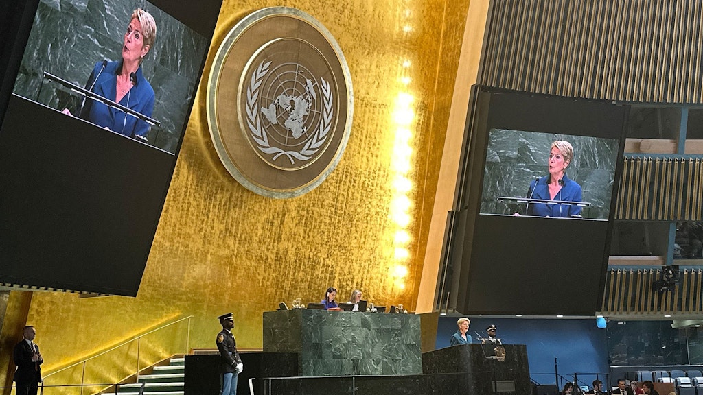 Karin Keller-Sutter, présidente de la Confédération suisse, s'exprime devant la réunion de haut niveau de l'Assemblée générale des Nations Unies.