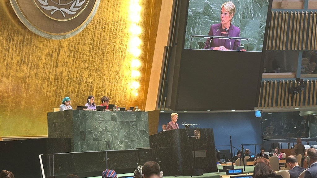 Karin Keller-Sutter, présidente de la Confédération suisse, s'adresse à la réunion de haut niveau de l'Assemblée générale à l'occasion du trentième anniversaire de la quatrième Conférence mondiale sur les femmes.